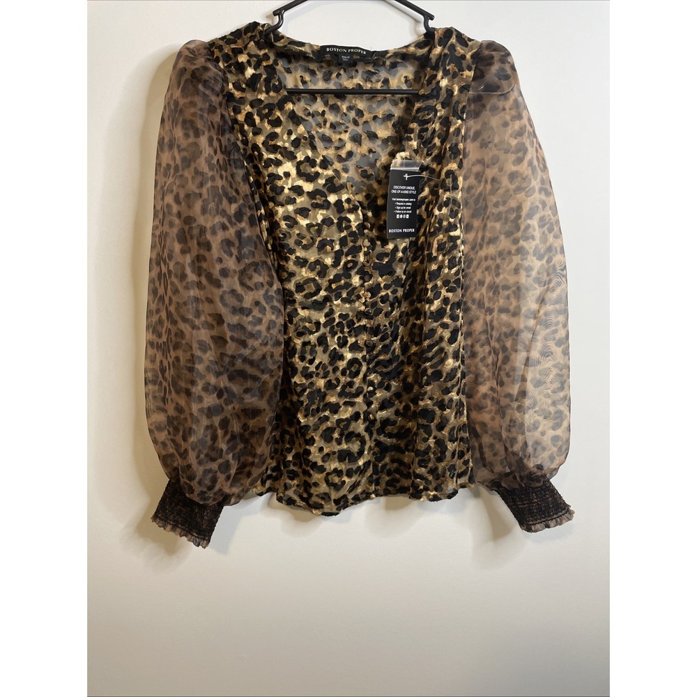 Boston Proper Leopard Organza Blouse Glam Y2K‎ Sheer Top Medium - NWT